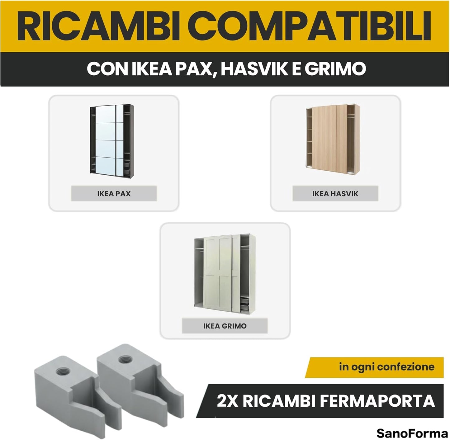 Ricambio Fermaporta per Porte Scorrevoli Compatibili con IKEA PAX HASVIK GRIMO – 2 pezzi - Stop Scorrimento Guida Superiore