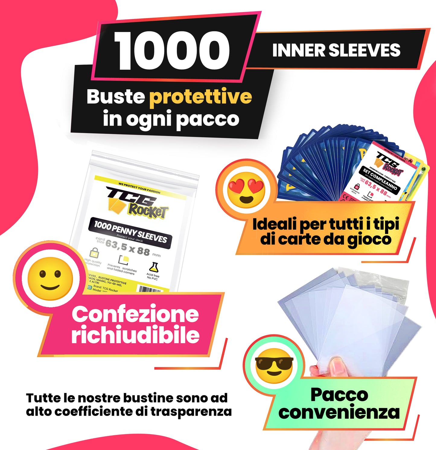 TCG Rocket Penny Sleeves 1000 Pezzi – Bustine Protettive per Carte Pokemon, Yu-Gi-Oh!, Magic MTG – Sleeves Trasparenti Standard per TCG e Collezionisti