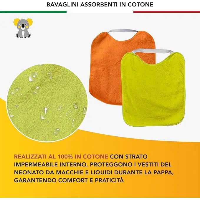 Bavaglini asilo Impermeabili in Cotone con Elastico – Confezione da 5 pezzi - Accessori Neonati