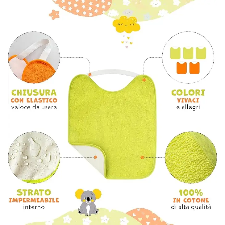 Bavaglini asilo Impermeabili in Cotone con Elastico – Confezione da 5 pezzi - Accessori Neonati