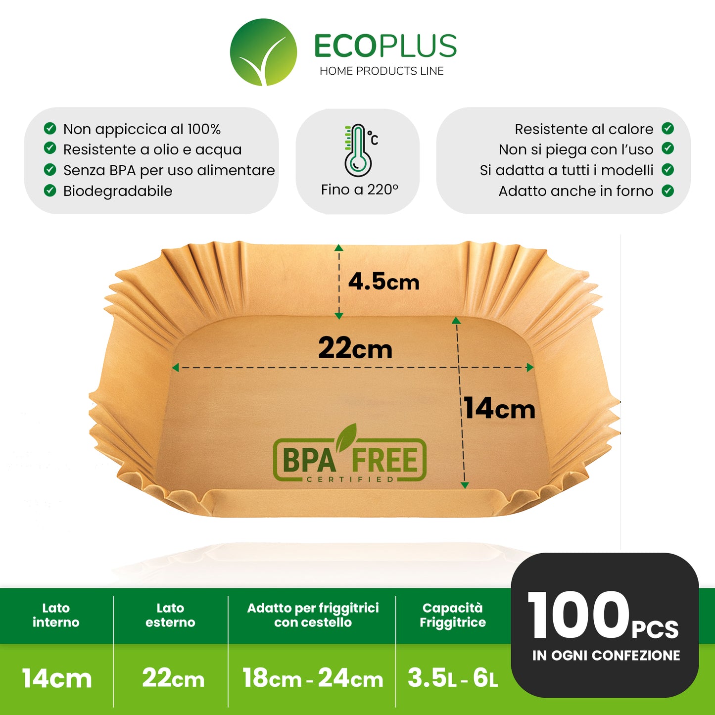 Carta Forno rettangolare per friggitrice ad aria 22x14cm INGROSSO Cucina Fornitura Ristoranti Pasticcerie Bar