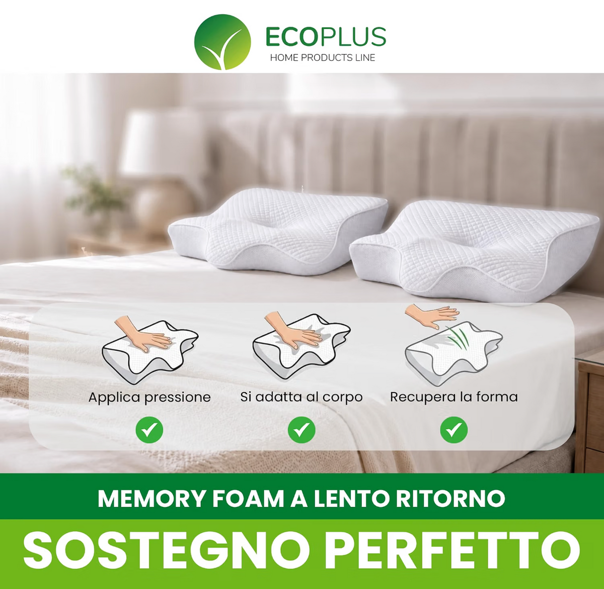 Cuscino Cervicale Ortopedico Memory Foam con Guanciale Ergonomico Ecoplus